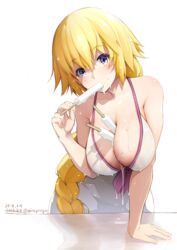  arm_support between_breasts blonde_hair blue_eyes blush braid breasts cleavage commentary_request cosplay dated dress dress_swimsuit fate/apocrypha fate/grand_order fate_(series) female food food_between_breasts food_in_mouth jeanne_d&#039;arc_(fate) large_breasts leaning_forward long_braid long_hair looking_at_viewer mash_kyrielight mash_kyrielight_(cosplay) mash_kyrielight_(swimsuit_of_perpetual_summer) mash_kyrielight_(swimsuit_of_perpetual_summer)_(cosplay) messy mine_(wizard) official_alternate_costume popsicle revision simple_background single_braid sleeveless sleeveless_dress solo twitter_username very_long_hair wet white_background white_dress 