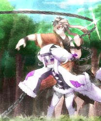  1boy bandages black_sclera borrowed_character chains colored_sclera colored_skin commentary_request female grey_hair hat long_hair nightmare_cat pixiv_fantasia pixiv_fantasia_fallen_kings purple_eyes purple_skin red_eyes thighhighs white_hair 