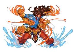  1boy abs ares_(p&amp;d) armor blue_skin clenched_hand colored_skin commentary_request diisuke elbow_gloves extra_arms facial_mark fighting_stance fire full_body fusion gauntlets gloves hindu_mythology jojo_no_kimyou_na_bouken long_hair pants puzzle_&amp;_dragons shiva_(p&amp;d) simple_background splashing star_platinum tabard water white_background 