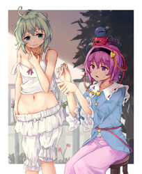  2girls ahoge bare_arms bare_shoulders bloomers blouse blue_eyes blue_shirt blurry breasts camisole commentary_request day depth_of_field dressing dressing_another embarrassed feet_out_of_frame flower frilled_shirt_collar frilled_sleeves frills frown green_hair hair_between_eyes hairband hand_on_own_chest holding_bloomers komeiji_koishi komeiji_satori looking_at_another looking_down messy_hair midriff multiple_girls mumyuu navel open_mouth outdoors pink_hair pink_skirt purple_eyes shirt short_hair siblings sisters sitting skirt small_breasts standing stool strap_slip sweatdrop third_eye touhou tree underwear underwear_only 