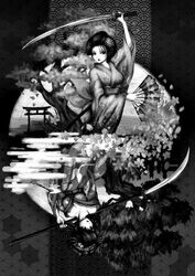  2girls asa_no_ha_(pattern) cherry_blossoms clip_studio_paint_(medium) commentary dazzle_(shinkonryu) egasumi english_commentary fox geisha greyscale hair_ornament japanese_clothes kanzashi katana kimono mixed-language_commentary monochrome multiple_girls naginata nihongami oiran original polearm seigaiha sword weapon 