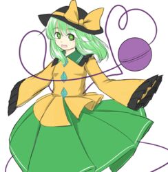  :d blouse blush_stickers breasts commentary_request eyeball female ganmaganmo green_eyes green_hair green_skirt hat heart heart_of_string komeiji_koishi looking_at_viewer open_mouth shirt skirt sleeves_past_wrists small_breasts smile solo teeth third_eye touhou 