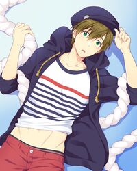  1boy blush brown_hair commentary_request free! green_eyes hat male_focus midriff mo_(nmnme) open_mouth rope smile solo tachibana_makoto 