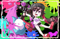  black_shorts blush breasts brown_eyes brown_hair brown_hat camouflage camouflage_headwear commentary_request female hair_between_eyes hat headphones holding long_hair medium_breasts multicolored_hair nijisanji paint_splatter photoshop_(medium) red_footwear red_hair shirt shoes short_shorts short_sleeves shorts solo splatoon_(series) splattershot_(splatoon) tentacle_hair two-tone_hair utsurogi_angu very_long_hair virtual_youtuber white_shirt yamiyono_moruru 