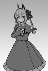  :d animal_ears bad_end bow braid cat_ears commentary_request dress female ganmaganmo greyscale hair_ribbon hairbow head_hug kaenbyou_rin long_hair looking_at_viewer monochrome open_mouth parody ribbon school_days severed_head smile solo touhou twin_braids 