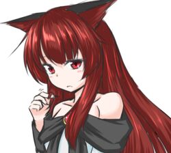  :c animal_ears bare_shoulders blush_stickers brooch commentary_request dress female ganmaganmo imaizumi_kagerou jewelry long_hair looking_at_viewer off_shoulder playing_with_own_hair red_eyes red_hair shy solo tears touhou wolf_ears 