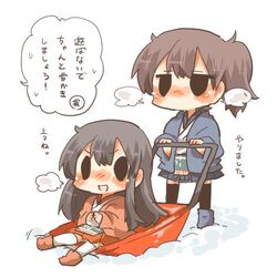  2girls akagi_(kancolle) alternate_costume bad_id bad_twitter_id black_eyes blush brown_hair chibi fog jacket jitome kaga_(kancolle) kantai_collection long_hair lowres multiple_girls open_mouth rebecca_(keinelove) riding short_hair shovel side_ponytail sitting sitting_on_object smile snow snow_scoop snow_shovel translated 