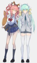  2girls animal_ear_fluff animal_ears ashita_kura bad_id bad_twitter_id black_footwear blush bow bowtie cardigan commentary_request fate/extella fate/extra fate/grand_order fate_(series) fox_ears green_hair grey_background hairbow highres kiyohime_(fate) kneehighs long_hair looking_at_viewer multiple_girls necktie official_alternate_costume open_mouth pink_hair school_uniform shirt skirt socks standing tamamo_(fate) tamamo_no_mae_(fate/extra) tamamo_no_mae_(jk)_(fate) thighhighs twintails white_shirt yellow_eyes zettai_ryouiki 