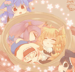  5girls alice_margatroid animal_ears apron black_eyes black_hair black_skirt black_vest blanket blue_dress blue_hair blush bow bowl braid butterfly_hair_ornament cat_ears cat_tail catchouli_(hazuki_ruu) chestnut_mouth closed_eyes commentary_request cup dated dress drooling flower from_above hair_ornament hair_tubes hairband hairbow hakurei_reimu hazuki_ruu heart hinanawi_tenshi kemonomimi_mode kirisame_marisa long_hair multiple_girls neko_nabe oerba_yun_fang patchouli_knowledge purple_hair red_eyes shirt single_braid skirt sleeping smile tail teacup touhou vest waist_apron white_shirt zzz 