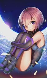  armor armpits artist_name ass bare_shoulders black_armor black_footwear black_gloves black_leotard black_thighhighs blush boots breasts closed_mouth cloud commentary english_commentary fate/grand_order fate_(series) female from_side gloves glowing greaves hair_over_one_eye halterneck hand_on_own_cheek hand_on_own_face harukagi high_heel_boots high_heels hugging_own_legs knees_up legs_together lens_flare leotard light_purple_hair light_smile looking_at_viewer mash_kyrielight mixed-language_commentary multicolored_clothes outdoors petals purple_eyes purple_footwear purple_gloves purple_thighhighs short_hair sideways_glance sitting sky small_breasts smile solo thigh_boots thighhighs turtleneck twitter_username 