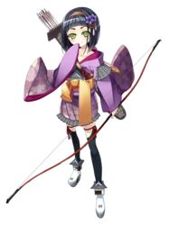  arrow_(projectile) black_hair blunt_bangs bow_(weapon) female flower full_body green_eyes hair_flower hair_ornament hairband hand_on_own_face holding holding_bow_(weapon) holding_weapon kanzaki_karuna official_art oshiro_project:re quiver short_hair solo tanba_yokoyama_(oshiro_project) thighhighs transparent_background weapon 