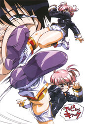  1boy archived_source bad_id bad_link female flying_kick grin growlanser growlanser_i high_kick kicking long_sleeves multiple_views official_art panties panty_peek photoshop_(medium) pink_hair pointy_ears red_eyes shiny_clothes shoe_soles short_hair short_shorts shorts simple_background smile tippi_(growlanser) underwear urushihara_satoshi white_background 