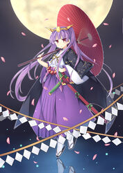  :o amemiya_ruki androgynous commentary_request female full_moon gender_request hakama hakama_skirt haori headpiece highres holding holding_umbrella japanese_clothes katana long_hair moon oil-paper_umbrella open_mouth photoshop_(medium) purple_hair purple_hakama puzzle_&amp;_dragons red_eyes sheath sheathed shide skirt solo sword twintails umbrella very_long_hair weapon yomi_(p&amp;d) 