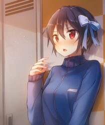  bad_id bad_pixiv_id blue_hair blush bow female hairbow jacket locker locker_room mole mole_under_eye nisekoi open_mouth red_eyes short_hair solo track_jacket tsugumi_seishirou v_mgmg 