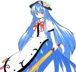  blue_hair blush collared_shirt commentary_request female food fruit fruit_hat_ornament ganmaganmo hand_on_own_hip hat hinanawi_tenshi layered_skirt long_hair long_skirt looking_at_viewer object_on_head peach red_eyes shirt skirt smile solo sword_of_hisou touhou tsurime very_long_hair 