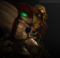  3d_(artwork) anthro apode breasts claws cleavage clothed clothing digital_media_(artwork) draconcopode female glowing glowing_eyes green_eyes hi_res janner3d jewelry legless long_tongue mask naga non-mammal_breasts red_body red_scales reptile scales scalie serpentine sha&#039;an simple_background smile snake solo text tongue tongue_out yellow_body yellow_scales 