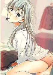  aqua_eyes bad_id bad_pixiv_id banned_artist blue_hair blush hair_ornament hairclip kantai_collection kneeling long_hair looking_at_viewer mouth_hold okia panties partially_undressed pleated_skirt shirt skirt skirt_removed solo suzuya_(kantai_collection) underwear 