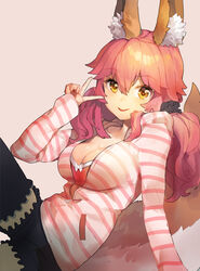  animal_ears arm_support bad_id bad_pixiv_id beige_background black_thighhighs breasts brown_eyes cleavage fate/extra fate/extra_ccc fate_(series) female fox_ears fox_tail hair_between_eyes hair_ornament hair_over_shoulder hair_scrunchie hood hooded_jacket hoodie jacket large_breasts leaning_back leg_up long_hair looking_at_viewer low_twintails official_alternate_costume pink_hair scrunchie short_shorts shorts shovelwell simple_background sitting sleeves_past_wrists solo striped_clothes striped_hoodie tail tamamo_(fate) tamamo_no_mae_(fate/extra) tamamo_no_mae_(spring_casual)_(fate) thighhighs twintails v 