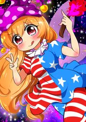  :q american_flag_legwear bad_id bad_pixiv_id blonde_hair blush breasts clownpiece fairy_wings female hat highres jester_cap long_hair medium_breasts motsu_(selshia12) pantyhose print_pantyhose red_eyes solo striped_clothes striped_pantyhose tongue tongue_out torch touhou v wings 