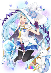  blue_eyes blue_hair cape commentary_request female fingerless_gloves gloves hat hatsune_miku highres long_hair one_eye_closed open_mouth paintbrush pantyhose photoshop_(medium) rabbit rabbit_yukine rainbow sasetsu skirt snowflakes suki!_yuki!_maji_magic_(vocaloid) twintails very_long_hair vocaloid wand witch_hat yuki_miku yuki_miku_(2014) 