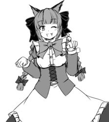  ;d animal_ears bow braid cat_ears commentary_request dirndl dress female ganmaganmo german_clothes greyscale hairbow kaenbyou_rin looking_at_viewer monochrome oerba_yun_fang one_eye_closed open_mouth paw_pose slit_pupils smile solo touhou twin_braids underbust 