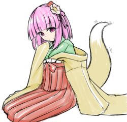  blush_stickers commentary_request female flower fox_tail ganmaganmo hair_flower hair_ornament hakama hakama_skirt hieda_no_akyuu japanese_clothes kimono meiji_schoolgirl_uniform pink_eyes pink_hair red_hakama short_hair sitting skirt sleeves_past_wrists solo tail touhou 