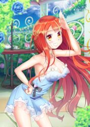  armpit bare_shoulders blush breasts butterfly_hair_ornament cleavage dress female grin hair_ornament large_breasts long_hair looking_at_viewer nobady orange_eyes orange_hair original shiny shiny_clothes shiny_hair shiny_skin smile solo very_long_hair 