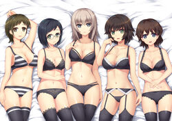  5girls adjusting_bra adjusting_clothes akaboshi_koume arm_up ass_visible_through_thighs bed_sheet black_bra black_eyes black_hair black_legwear black_panties blue_eyes bow bow_bra bow_panties bra breasts brown_eyes brown_hair chinese_commentary cleavage closed_mouth collarbone commentary_request crotch_seam fingernails from_above garter_belt girls_und_panzer glasses green_eyes grey_hair hand_on_own_face hands_on_stomach hida_ema highres itsumi_erika katsuya_megu kojima_emi lace lace-trimmed_bra lace-trimmed_garter_belt lace-trimmed_legwear lace-trimmed_panties lace_trim layered_panties light_frown long_hair looking_at_viewer lying medium_breasts multiple_girls navel on_back on_bed open_mouth panties parted_lips photoshop_(medium) short_hair smile srwsrx_(gp03dsrx) string_panties striped_bra striped_clothes striped_panties swept_bangs take_your_pick thigh_gap thighhighs underwear underwear_only 