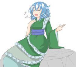  :d blue_hair closed_eyes commentary_request drill_hair eighth_note female fins ganmaganmo head_fins japanese_clothes kimono mermaid monster_girl music musical_note obi open_mouth sash singing smile solo teeth touhou u_u wakasagihime 