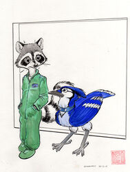  2014 anthro avian avoid_posting biped bird blue_jay collar corvid coveralls duo feral flight_suit jay_(bird) mammal new_world_jay oscine passerine procyonid raccoon steve_gallacci traditional_media_(artwork) 