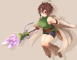  aussa_(yu-gi-oh!) aussa_the_earth_charmer bad_id bad_pixiv_id breasts brown_eyes brown_hair commentary_request duel_monster female glasses large_breasts short_hair simple_background solo yoosai yu-gi-oh! 