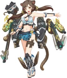  :d animal_ears antique_firearm armpits bare_shoulders breasts brown_hair cleavage female firelock flintlock full_body gun kawamatsu_yoshinori long_hair medium_breasts midriff monkey_ears monkey_tail nagahama_(oshiro_project) navel open_mouth oshiro_project:re outstretched_arm pleated_skirt shachihoko skirt smile solo tail transparent_background twintails weapon yellow_eyes 