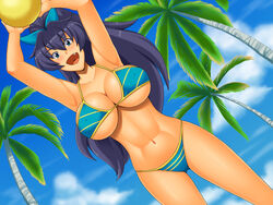  abs ball beach beachball bikini blue_eyes blue_hair bow breasts cleavage commentary_request day female ganaha_hibiki hairbow high_ponytail idolmaster idolmaster_(classic) kawanuma_uotsuri large_breasts looking_at_viewer navel oerba_yun_fang outdoors palm_tree ponytail shiny_skin solo swimsuit thighs tree underboob 