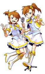  2girls bad_id bad_pixiv_id brown_eyes brown_hair costume futami_ami futami_mami idolmaster idolmaster_(classic) microphone multiple_girls nightea siblings side_ponytail sisters smile twins v 