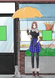  ankle_boots boots commentary_request feline female full_body gloves highres kitten looking_away original pantyhose plaid plaid_skirt rain scarf skirt solo standing tumekui umbrella 