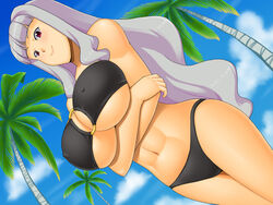  bare_shoulders bikini black_bikini breasts commentary_request crossed_arms female grey_hair huge_breasts idolmaster idolmaster_(classic) kawanuma_uotsuri long_hair o-ring o-ring_top palm_tree red_eyes shijou_takane smile solo swimsuit thighs tree 