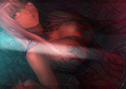  bad_id bad_pixiv_id breasts dark_sakura dutch_angle fate/stay_night fate_(series) female heterochromia highres long_hair matou_sakura medium_breasts open_mouth partially_submerged pink_eyes purple_hair red_eyes ribbon solo striped_clothes tears vulture_(washizu0808) white_hair 