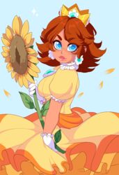  bare_arms blue_eyes brooch brown_hair closed_mouth commentary_request crown dress earrings eyebrows female flower flower_earrings freckles frills gloves highres holding holding_flower jewelry lips long_dress long_hair looking_at_viewer mario_(series) mole mole_under_mouth parted_bangs princess_daisy puffy_short_sleeves puffy_sleeves queen_ashi short_sleeves sidelocks smile solo sunflower tan white_gloves wind wind_lift yellow_dress 