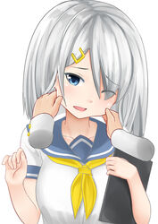  1other absurdres arms_up blue_eyes book cheek_pinching commentary_request disembodied_hand embarrassed female grey_hair hair_ornament hair_over_one_eye hairclip hamakaze_(kancolle) hands_on_another&#039;s_cheeks hands_on_another&#039;s_face hands_up head_tilt highres holding holding_book kantai_collection long_bangs long_sleeves looking_at_viewer neckerchief one_eye_closed open_mouth pinching pov pov_hands sailor_collar school_uniform serafuku short_hair short_sleeves simple_background sin_(kami148) solo_focus upper_body v_arms white_background white_sleeves yellow_neckerchief 