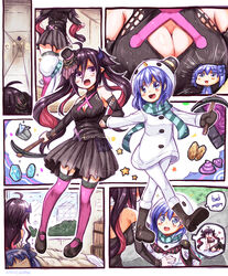  2girls :d ahoge bangs bed bikini black_bikini black_hat black_shirt black_sleeves blue_bow blue_eyes blue_hair blush bow breasts brown_footwear brown_hair brown_mittens brown_skirt cleavage cleavage_cutout closed_eyes demon_horns detached_sleeves directional_arrow dress eyebrows_visible_through_hair flower fur-trimmed_boots fur_trim garter_straps gem hair_between_eyes hair_flower hair_ornament hairbow hallway hat holding holding_bikini horns indoors large_breasts long_sleeves mini_hat mini_top_hat mittens multicolored_hair multiple_girls nijisanji open_mouth pantyhose pickaxe pink_hair pink_legwear pleated_skirt purple_eyes shirt shit shoe_soles shoes skirt sleeping sleeveless sleeveless_shirt sleeves_past_wrists smile snowman_costume spoken_object striped swimsuit thighhighs tilted_headwear top_hat two-tone_hair under_covers utsurogi_angu vertical-striped_bikini vertical_stripes virtual_youtuber white_dress white_flower white_legwear window yamiyono_moruru yuuki_chihiro zzz 