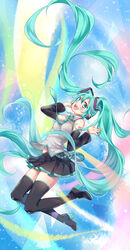  absurdly_long_hair absurdres aqua_eyes aqua_hair black_footwear black_thighhighs blush boots commentary_request detached_sleeves female hatsune_miku headset high_heels highres long_hair navel necktie open_mouth photoshop_(medium) sakikko skirt solo thigh_boots thighhighs twintails very_long_hair vocaloid zettai_ryouiki 