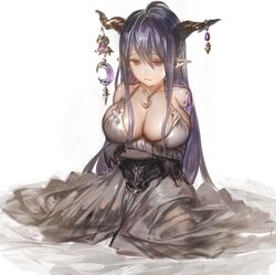  aos bandaged_arm bandages black_hair breasts cleavage collarbone commentary_request danua draph dress female granblue_fantasy horn_ornament horns jewelry jpeg_artifacts large_breasts long_hair necklace parted_lips pointy_ears red_eyes sitting solo wariza white_dress 