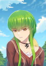  bad_id bad_pixiv_id black_ribbon blue_sky braid brown_eyes brown_shirt c.c. cloud code_geass collarbone day fateline_alpha female green_hair hair_between_eyes indoors long_hair looking_at_viewer ribbon shirt sidelocks sky solo upper_body 