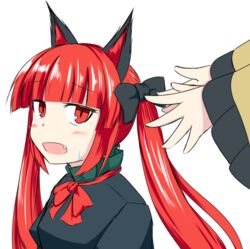  2girls animal_ears annoyed blush bow cat_ears commentary_request disembodied_hand dress ganmaganmo hands kaenbyou_rin komeiji_koishi multiple_girls oerba_yun_fang red_eyes red_hair slit_pupils solo_focus sweatdrop touhou twintails 