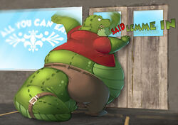  alligator alligatorid anthro belly belt biped bottomwear clothing crocodilian detailed_background footwear hitting hyenahyena male morbidly_obese morbidly_obese_anthro morbidly_obese_male obese obese_anthro obese_male open_mouth overweight overweight_anthro overweight_male pants rear_view reptile restaurant scalie shirt shoes solo standing tail teeth thick_tail topwear white_eyes 