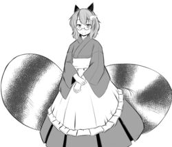  animal_ears commentary_request cosplay female futatsuiwa_mamizou ganmaganmo glasses greyscale japanese_clothes kimono leaf leaf_on_head looking_at_viewer monochrome motoori_kosuzu motoori_kosuzu_(cosplay) raccoon_ears raccoon_tail short_hair slit_pupils smile solo tail touhou 