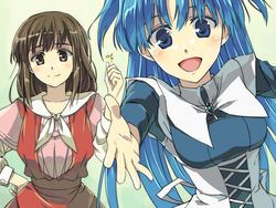  2girls :d almaria_duffner blue_eyes blue_hair brown_eyes brown_hair chiharu_(9654784) chtholly_nota_seniorious collarbone commentary_request corset hand_on_own_hip jewelry long_hair long_sleeves looking_at_viewer multiple_girls open_mouth outstretched_arm pink_shirt sailor_collar shirt shuumatsu_nani_shitemasu_ka? smile two_side_up upper_body very_long_hair white_sailor_collar 