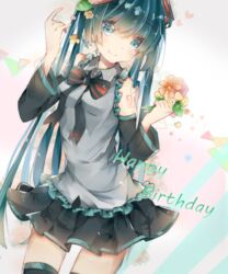  aqua_eyes aqua_hair bad_id bad_pixiv_id bow bowtie detached_sleeves female flower happy_birthday hatsune_miku kaede_(fuyuka) long_hair looking_at_viewer skirt smile solo tattoo thighhighs very_long_hair vocaloid 