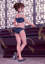  artist_name ass bare_arms bare_legs bare_shoulders bikini blue_bikini blue_choker blue_footwear brown_eyes brown_hair choker commentary double_bun earrings eyeball eyeball_bracelet_girl_(fkey) female fkey full_body hair_bun hair_ribbon half-closed_eyes highres indoors jewelry ofuda original profile ribbon shadow shoes short_hair side-tie_bikini_bottom sidelocks solo standing swimsuit tankini thighs white_ribbon yin_yang yin_yang_earrings 