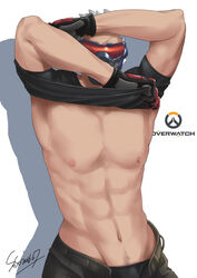  1boy abs gloves male_focus mask msucle nipples overwatch shirt_lift silver_hair solo tagme undressing 